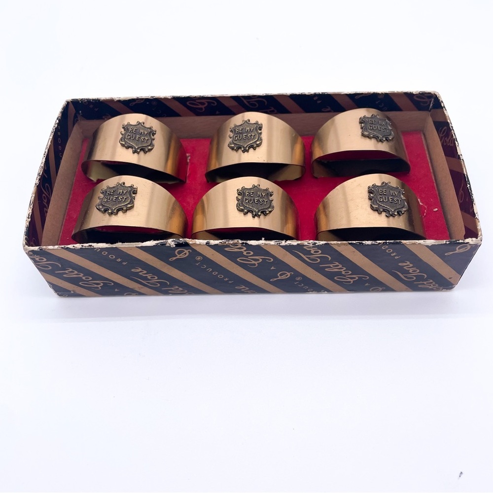 Vintage BE MY GUEST Brass Tone Napkin Rings By Gold Tone Products